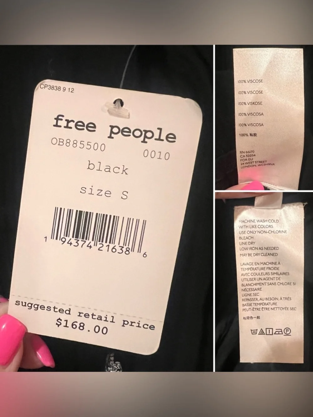 Free People Embroidered Fable V-Neck‎ Empire Waist Midi Dress Black Size Small
